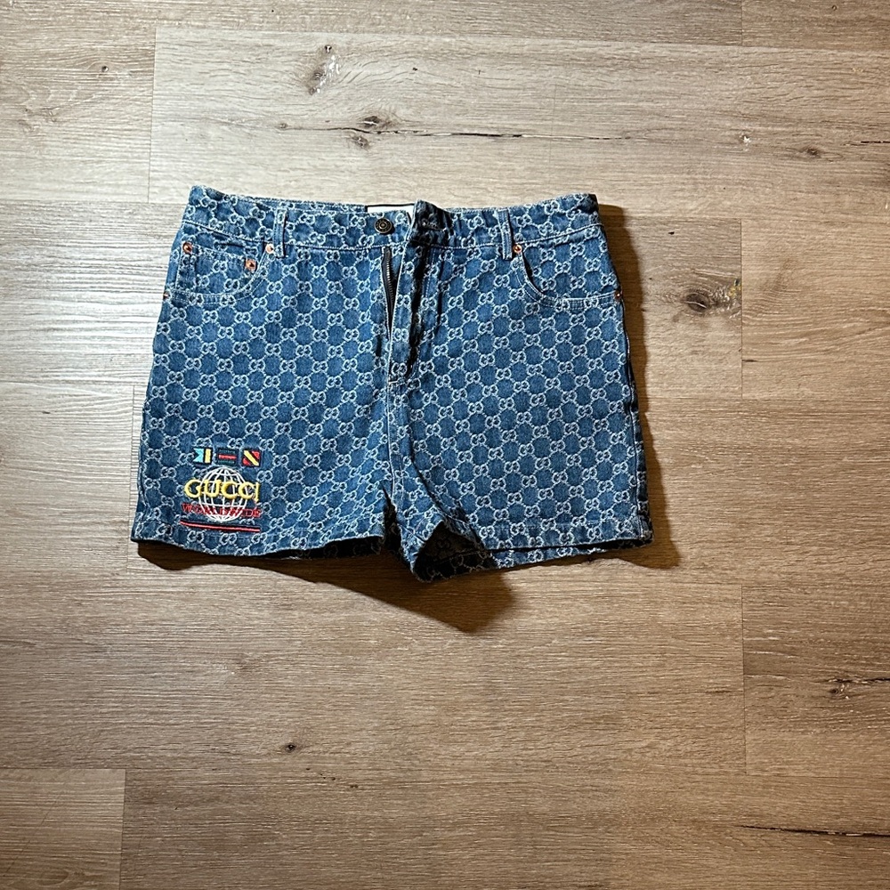 Gucci Blue Jean Shorts with Logo Pattern